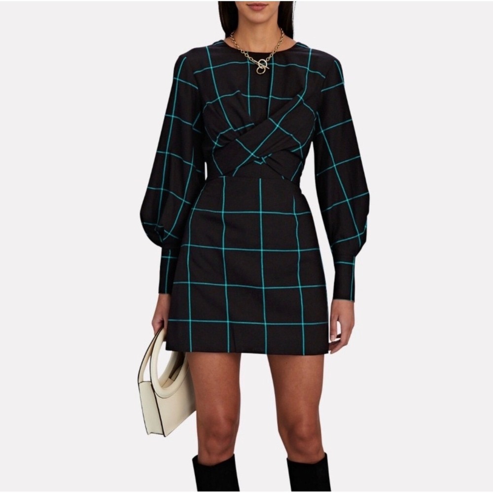 Staud Women's Black Windowpane Check Long Sleeve Cutout Mini Dress Size‎ Small
